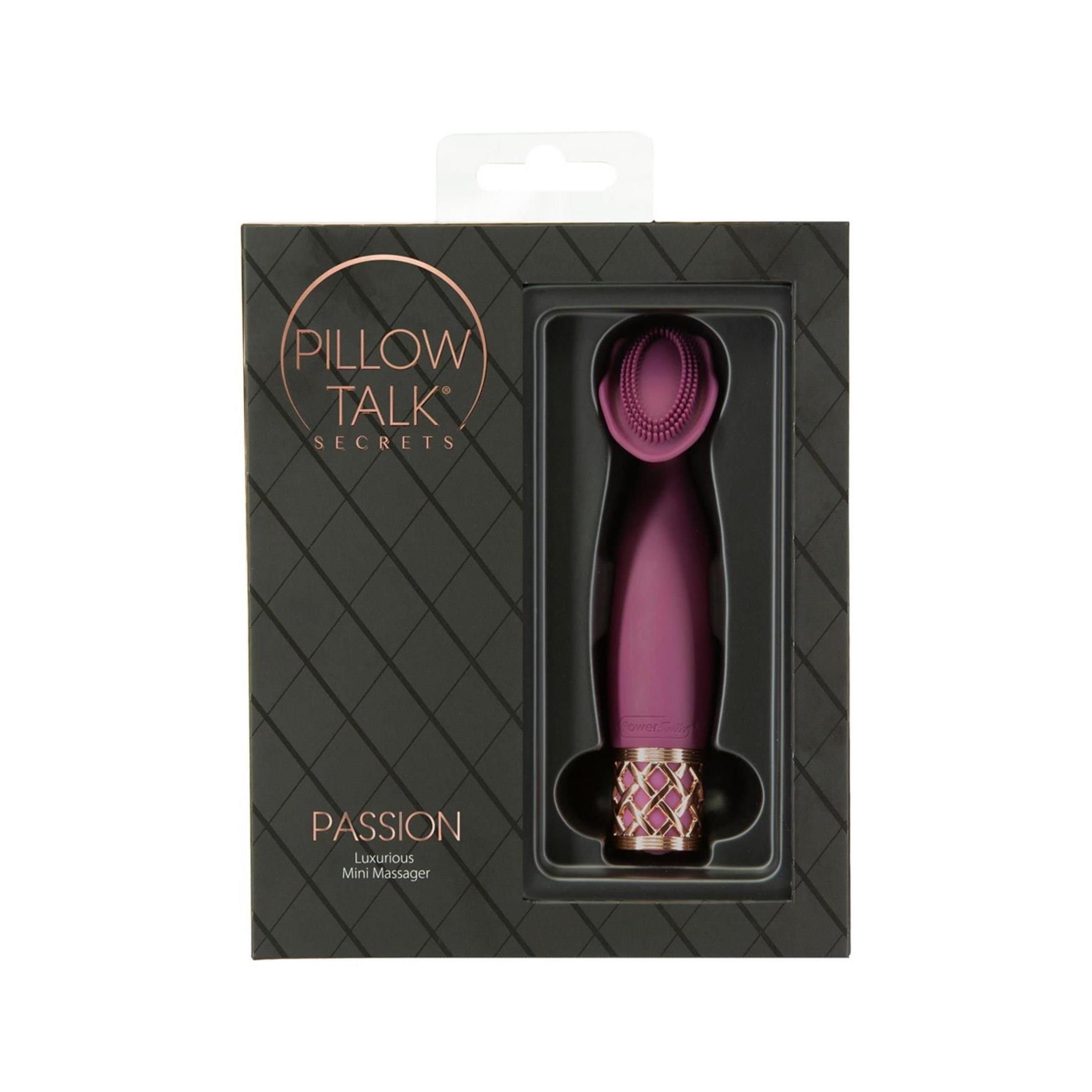 Verpackung mit lila Vibrator. Text: PILLOW TALK SECRETS, PASSION, Mini Massager.