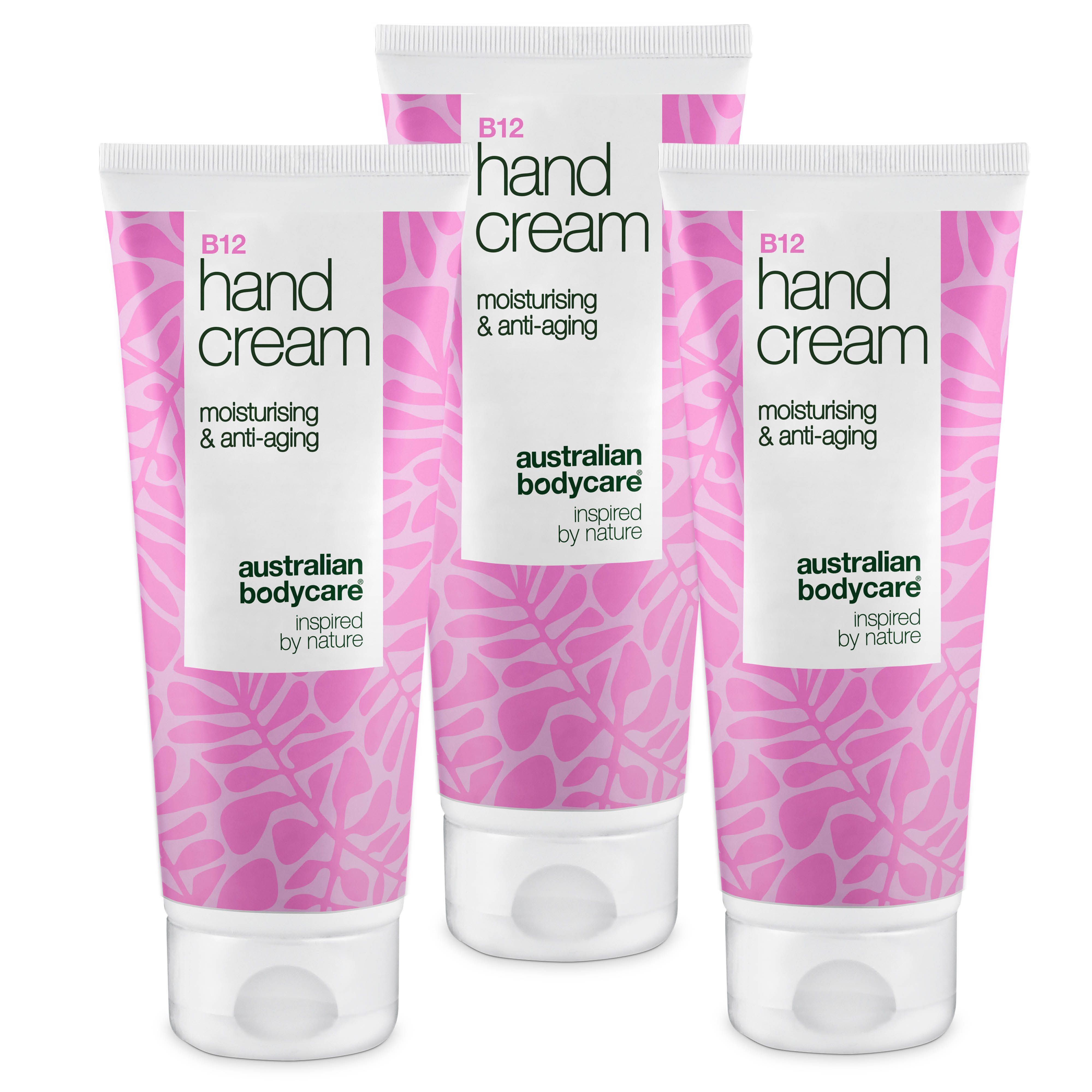Drei Tuben Handcreme. Weißer Deckel, rosa Muster, Text: B12 Hand Cream, moisturizing & anti-aging, Australian Bodycare.