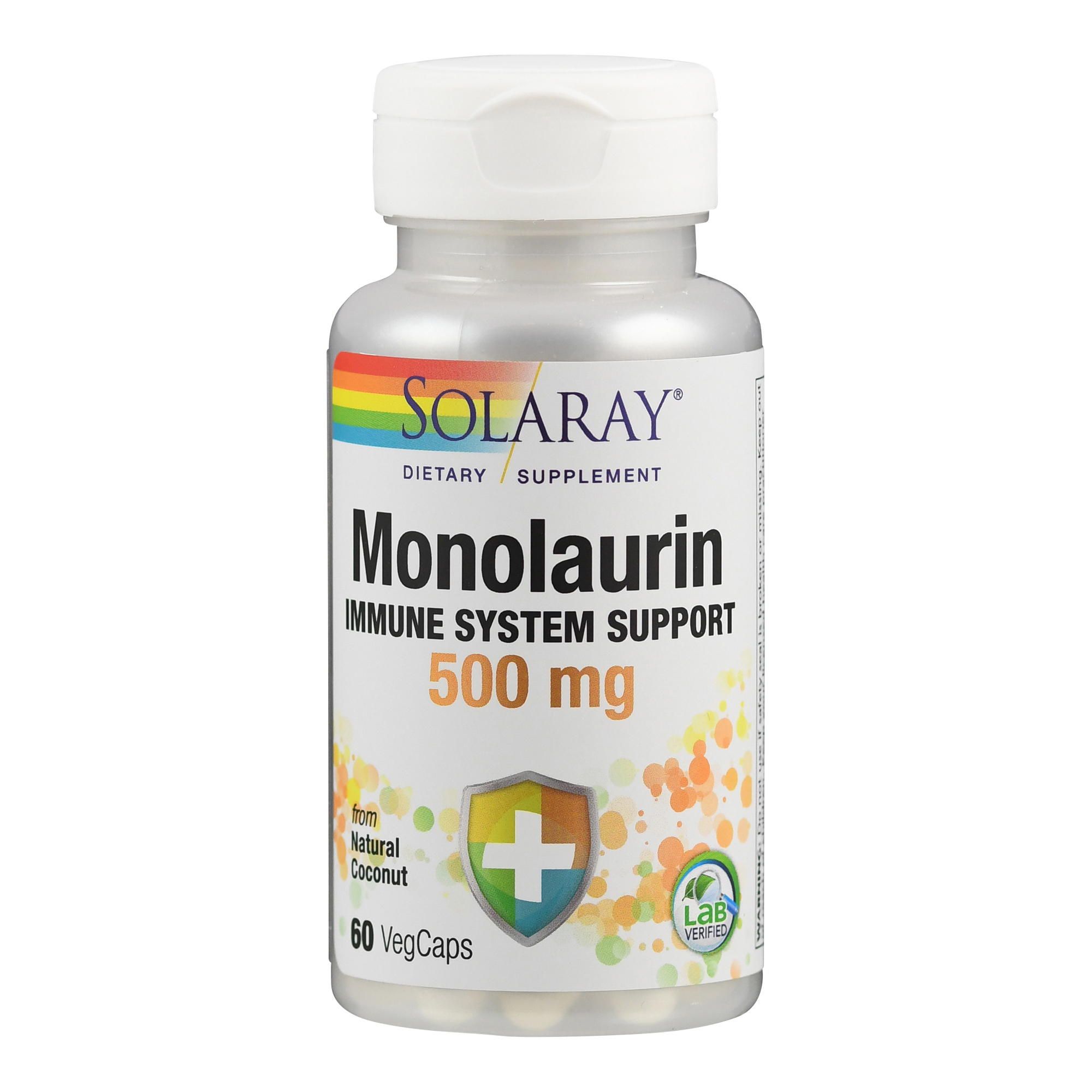 Solaray Monolaurin 500 mg Flasche. Aufschrift: Immune System Support. 60 VegCaps. Logo mit Kreuz und Qualitätszeichen.