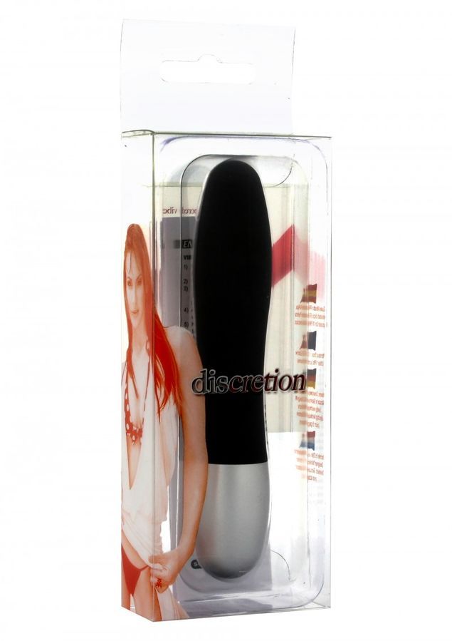 Schwarzer Vibrator mit silbernem Ende, "discretion"-Logo, in Blisterverpackung.