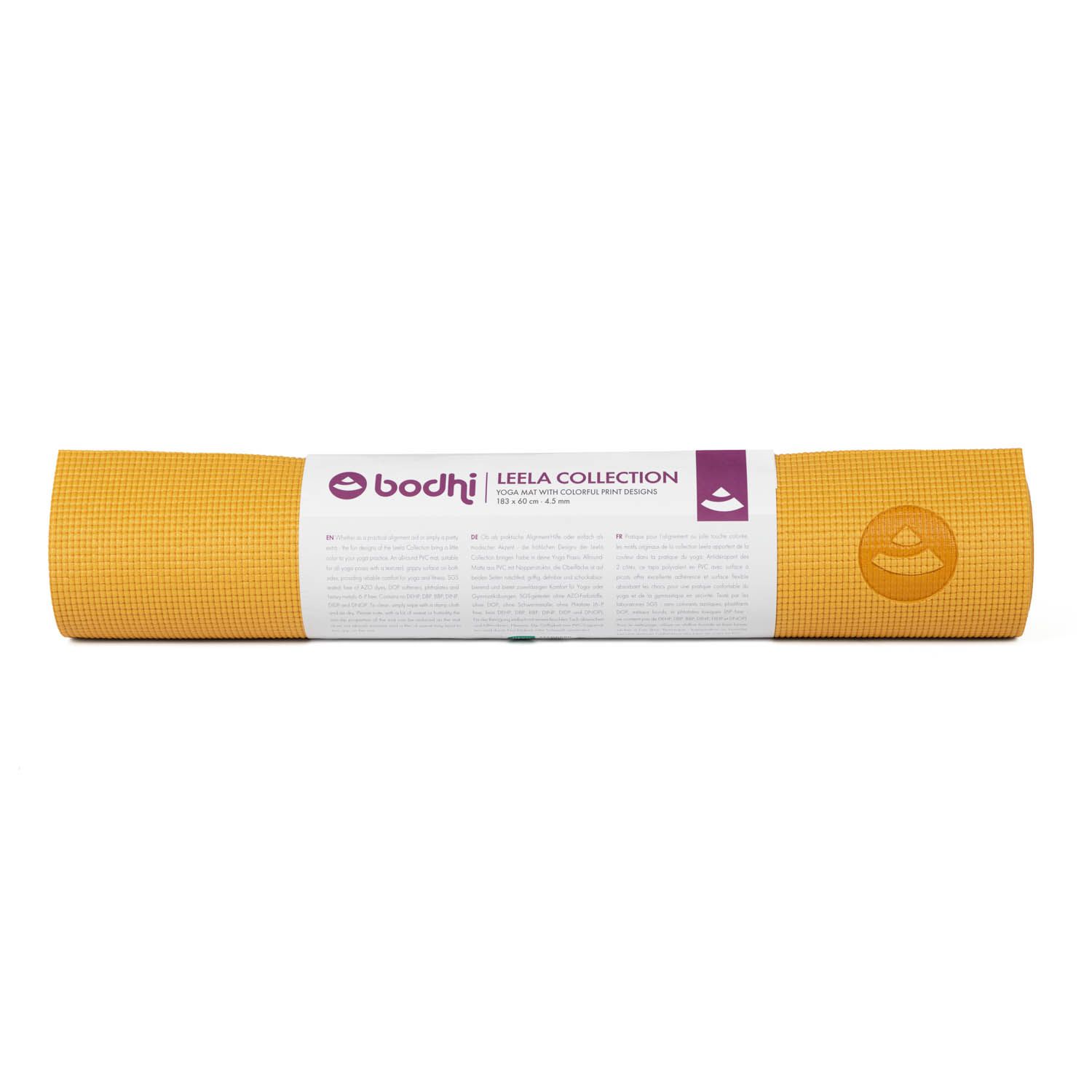 Gerollte, gelbe Yogamatte mit Verpackung. Auf der Verpackung steht 'bodhi' und 'LEELA COLLECTION'.
