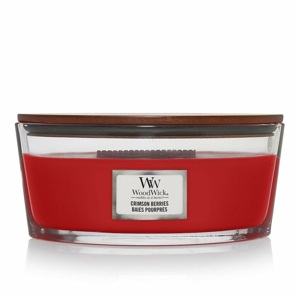 Rote elliptische Kerze in Glasform mit Holzdeckel. Label mit 'WoodWick' und 'Crimson Berries'.