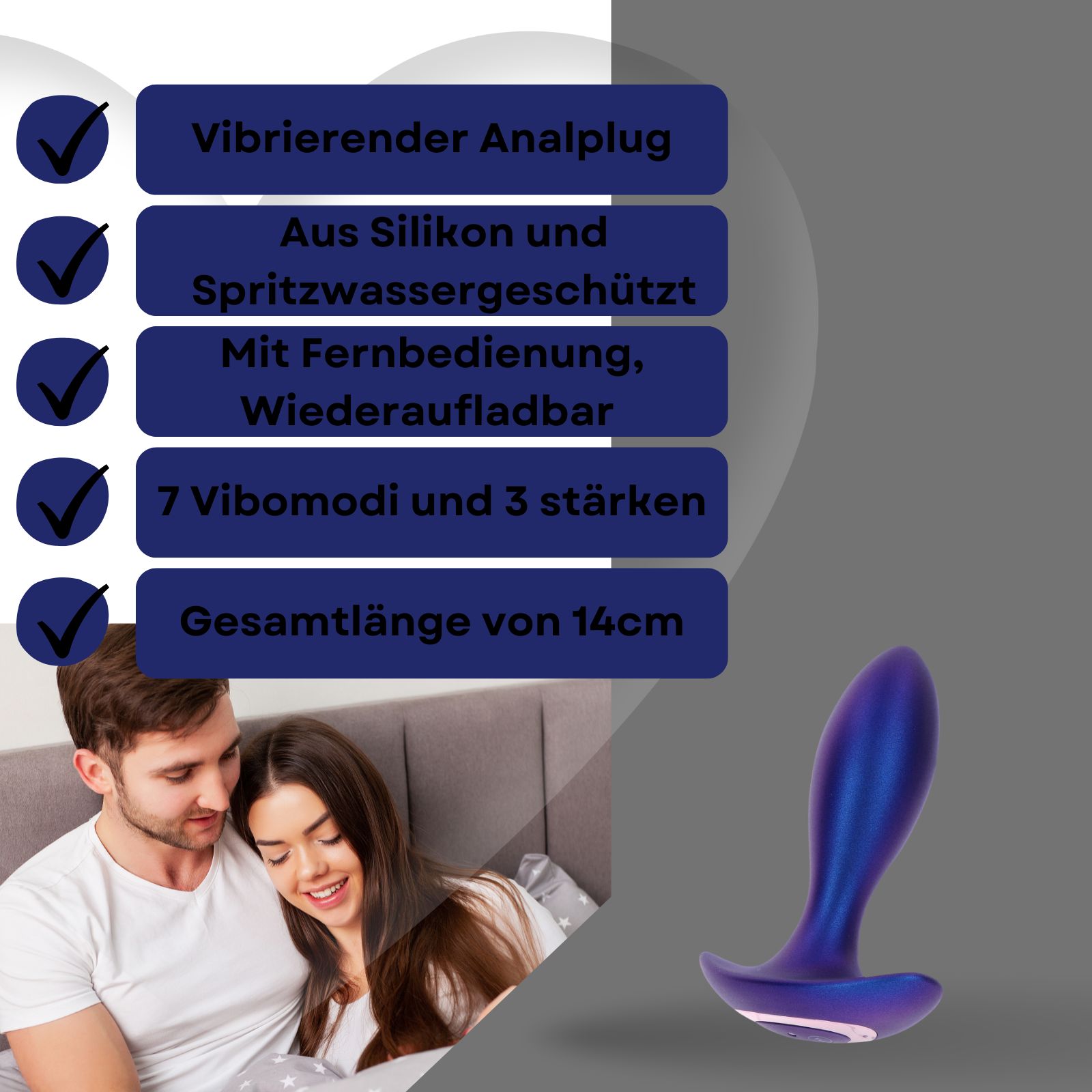 Blauer Analplug. Aus Silikon, spritzwassergeschützt. Mit Fernbedienung, wiederaufladbar. 7 Vibrationsmodi und 3 Stärken. Gesamtlänge 14cm.