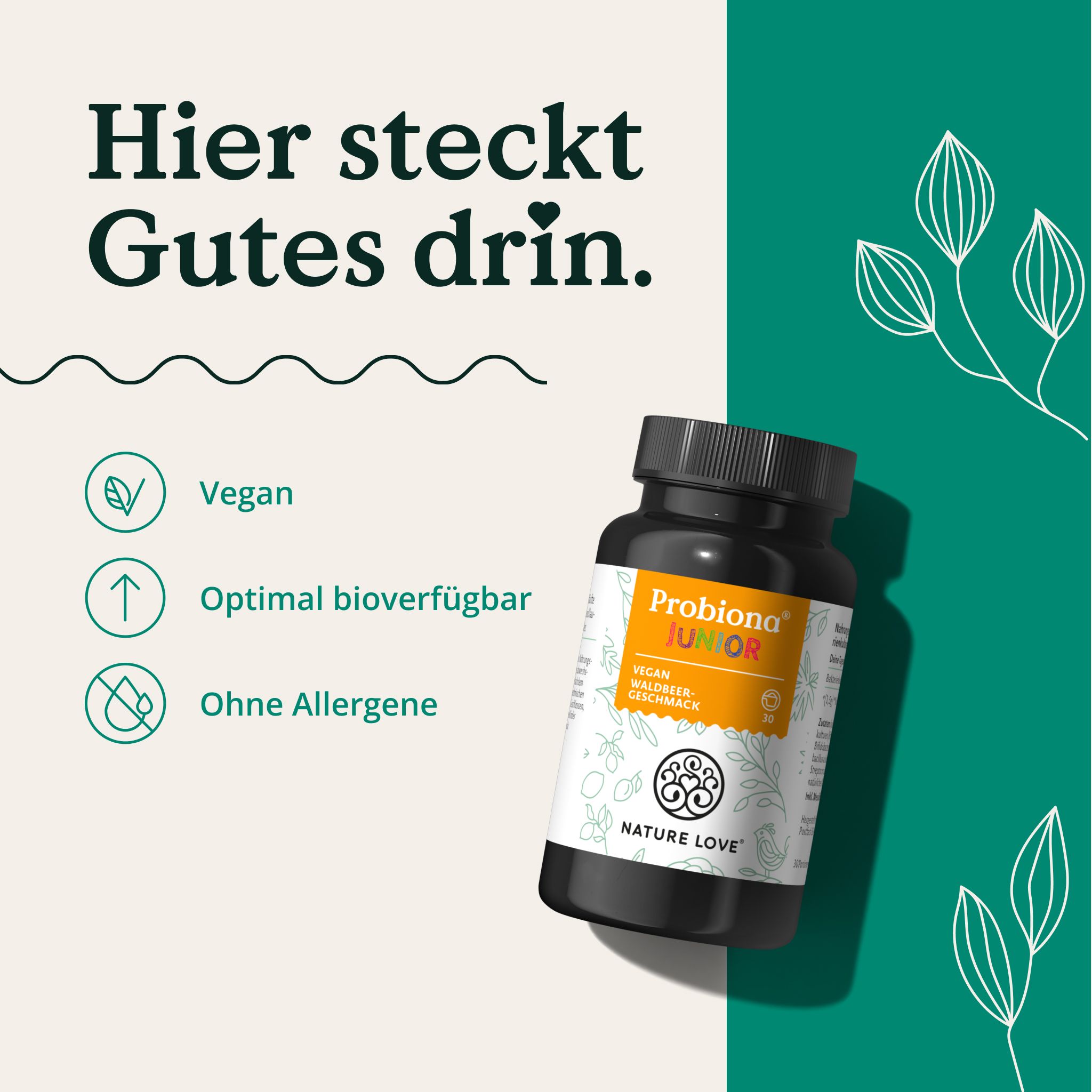 Produktflasche "Probiona Junior". Text: Vegan, Optimal bioverfügbar, Ohne Allergene. Hintergrund mit Blättern.