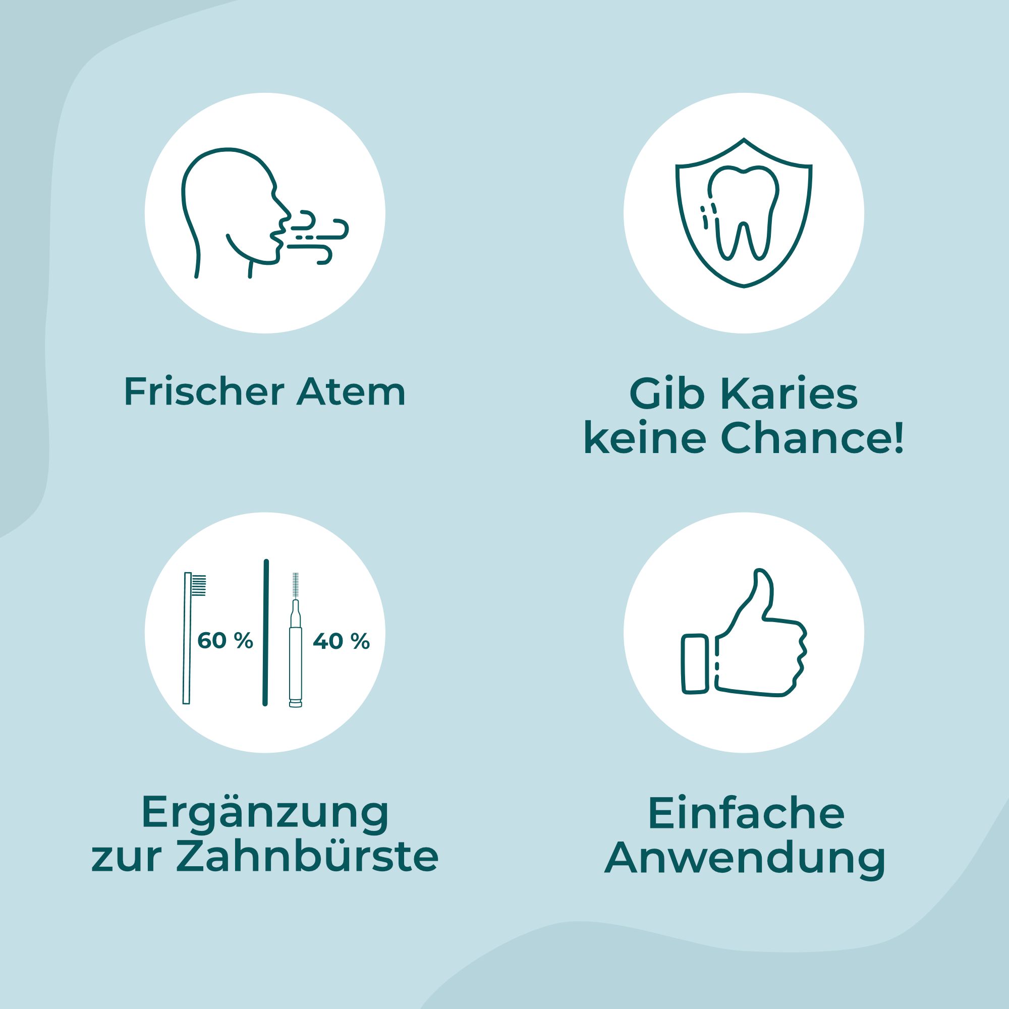 Vier Icons: Frischer Atem, Karies, Ergänzung zur Zahnbürste, Einfache Anwendung. Text: 60% Bürste, 40% Bürste.