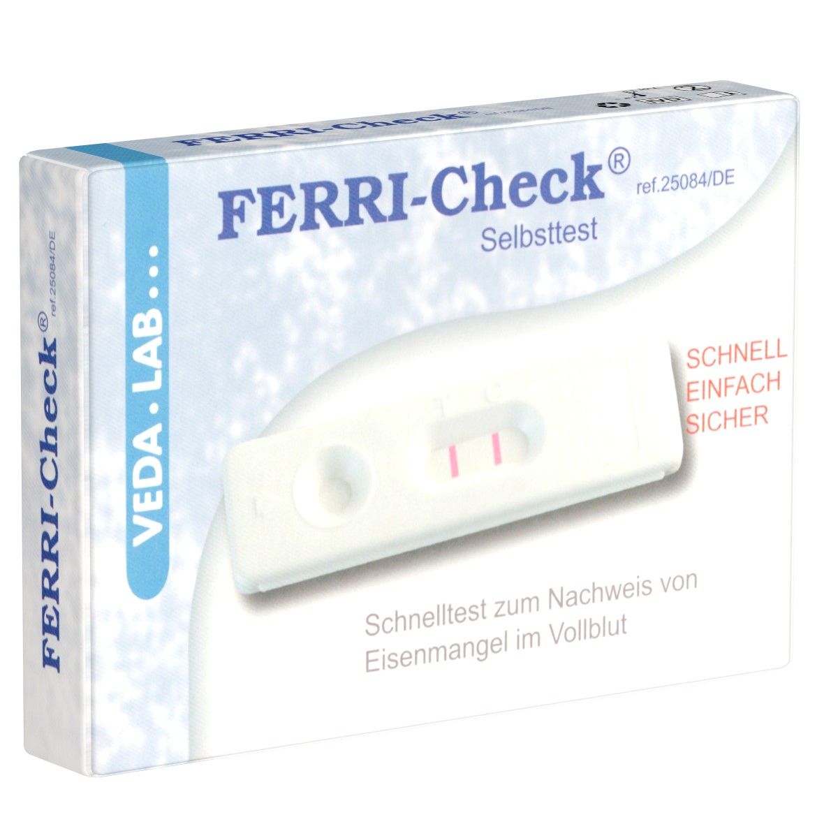 Verpackung von Ferri-Check Selbsttest. Auf der Packung steht der Produktname, Veda.Lab und die Aufschrift "Schnell, einfach, sicher".