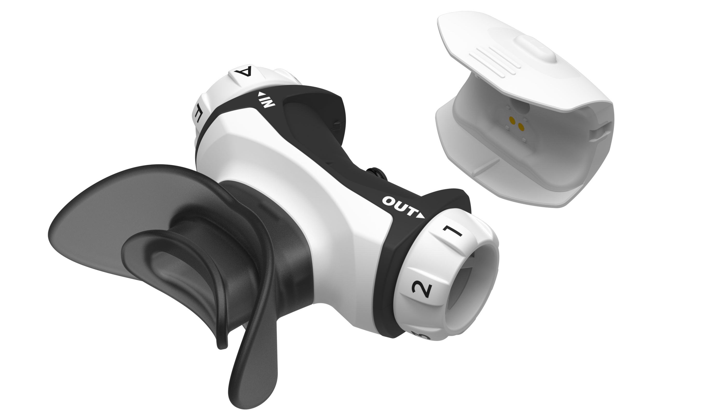 Atemtrainer, weiß-schwarz. Einstellräder mit Zahlen und Buchstaben. Mundstück und separates Teil.