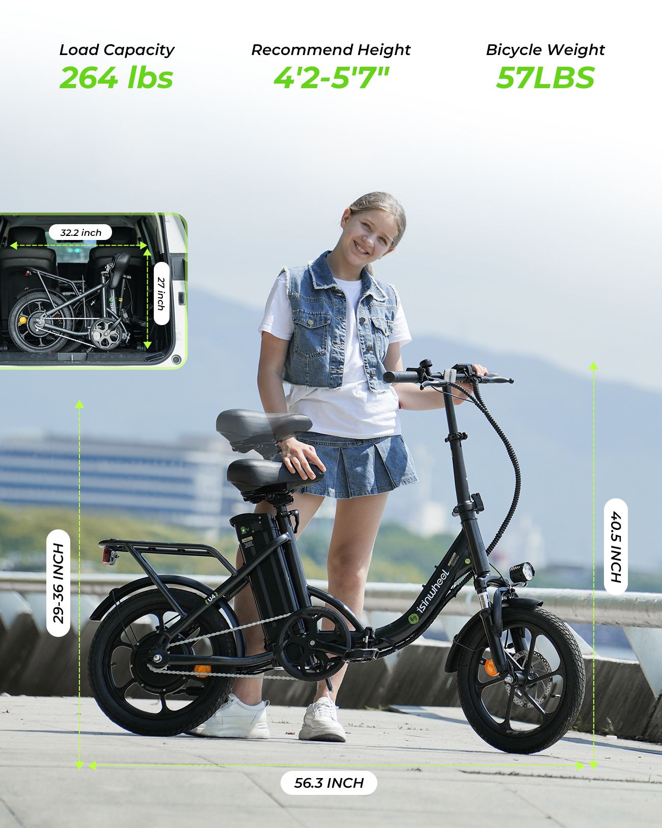 Schwarzes E-Bike mit einer Person. Maße: 56,3 Zoll lang, 40,5 Zoll hoch, 29-36 Zoll Sitzhöhe. Maximale Belastung 264 lbs, Gewicht 57 lbs.