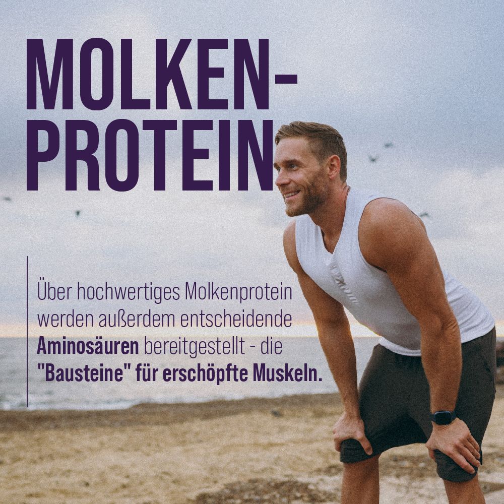 Mann am Strand. Text: Molkenprotein. Hochwertiges Molkenprotein liefert Aminosäuren für erschöpfte Muskeln.