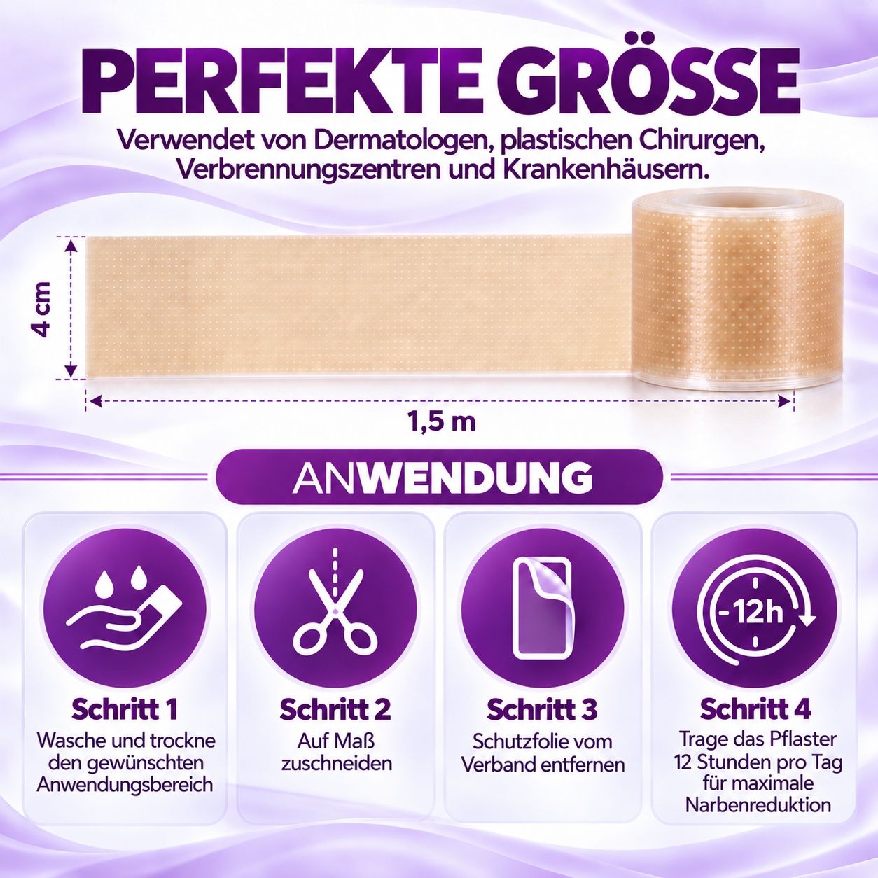 Leiqier Narbenpflaster Rolle, 4cm x 1,5m. Abmessungen und Anwendungsschritte.