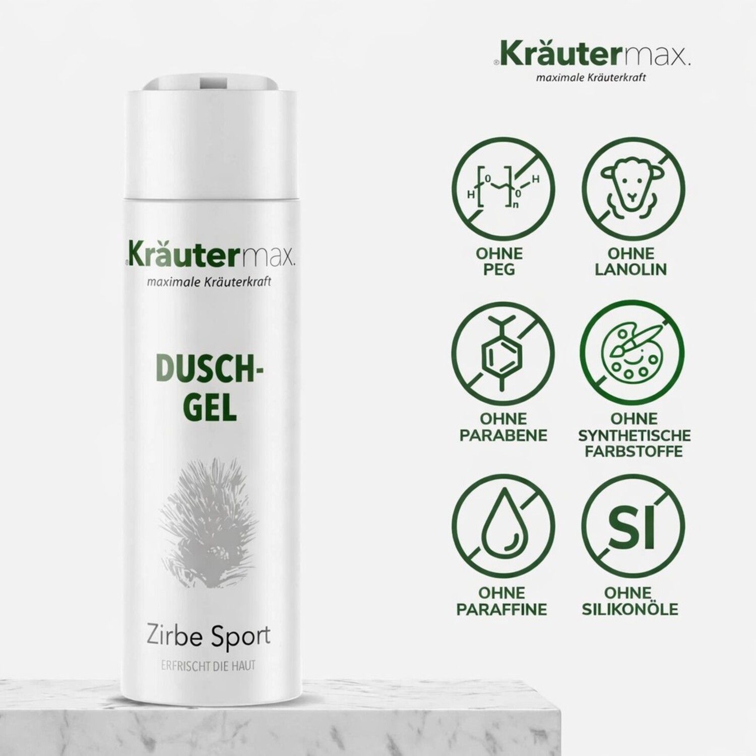 Weißes Duschgel mit grünem Schriftzug. Ohne PEG, Lanolin, Parabene, synthetische Farbstoffe, Paraffine und Silikonöle.