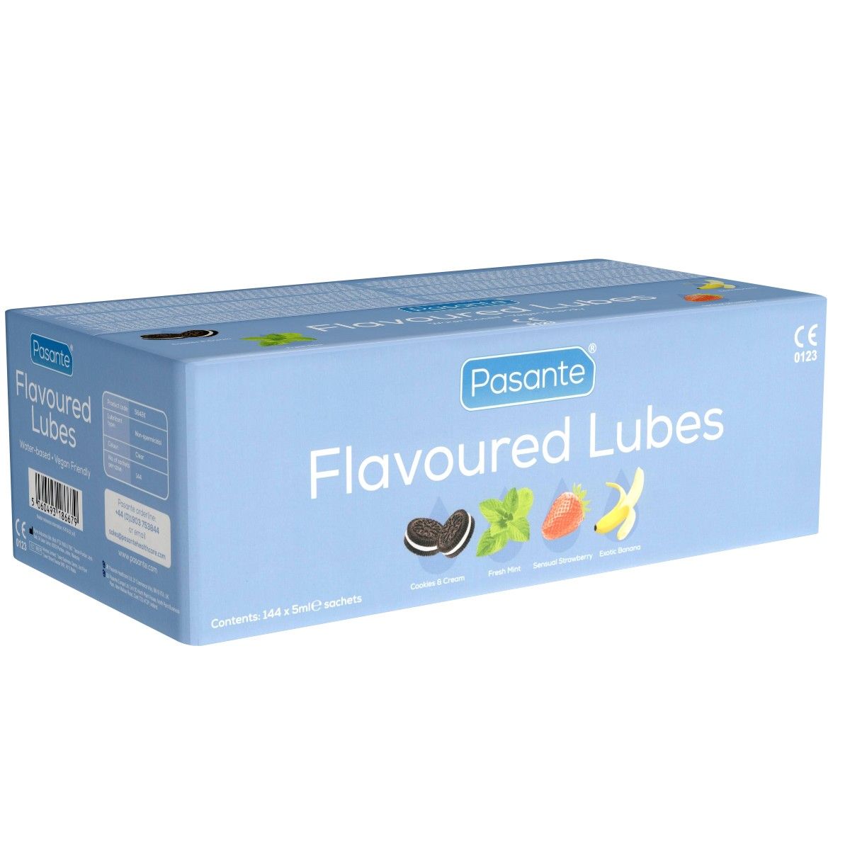 Hellblaue Verpackung mit Pasante Flavoured Lubes. Aufdruck mit Produktnamen, Geschmacksrichtungen und CE-Kennzeichnung.