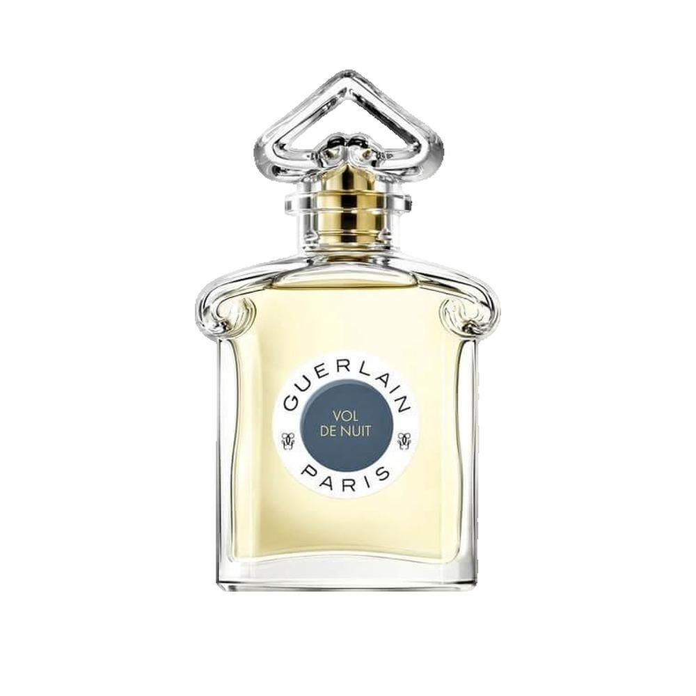 Parfümflakon mit goldfarbenem Verschluss und klarer Flüssigkeit. Auf dem Etikett: Guerlain, Vol de Nuit, Paris.