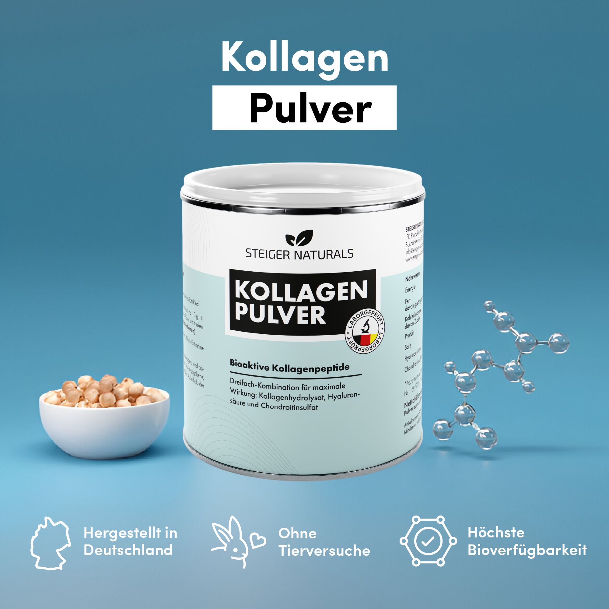 Dose Steiger Naturals Kollagen Pulver. Bioaktive Kollagenpeptide. Hergestellt in Deutschland. Ohne Tierversuche. Höchste Bioverfügbarkeit.