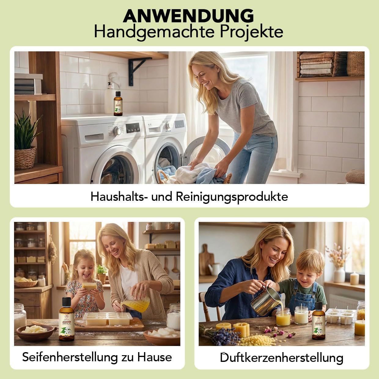 Flasche mit 100 ml Jasminöl und eine Frau, die daran riecht.