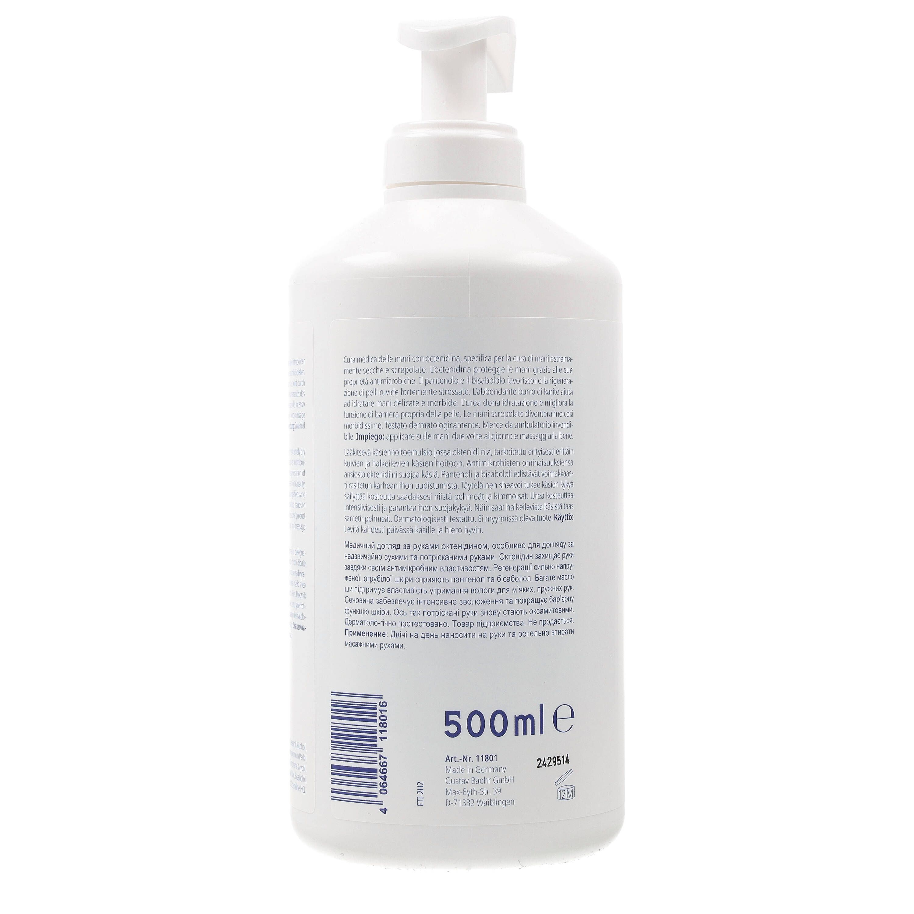 Rückseite einer weißen Flasche mit Pumpverschluss. Text in mehreren Sprachen. Volumen: 500ml.