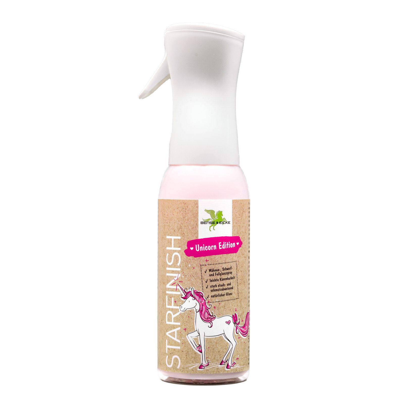 Rosa Reiniger-Sprayflasche mit weißem Sprühkopf. Starfinish Unicorn-Edition. Enthält Text und ein Einhorn-Motiv.