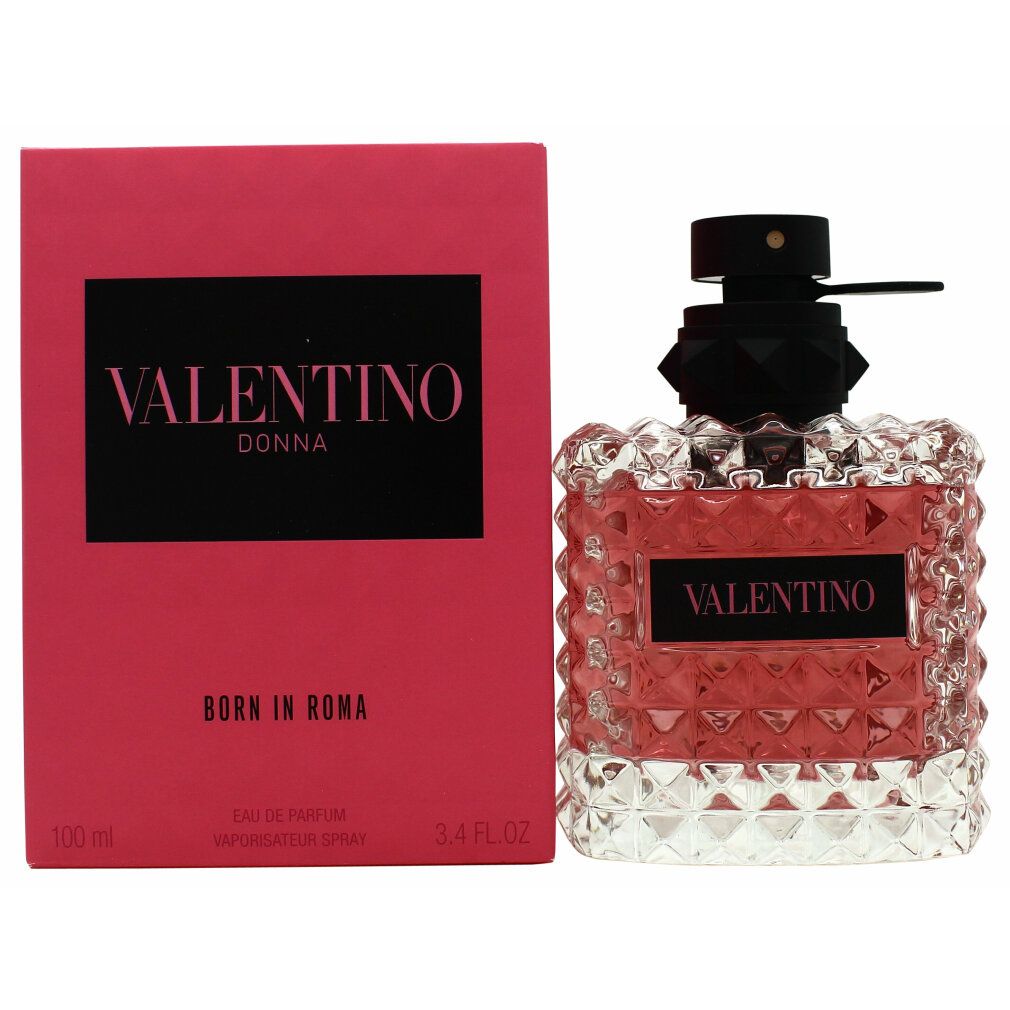 Valentino Born in Roma Eau de Parfum. Rosa Verpackung und Flakon. Schwarzer Deckel. Flakon mit pyramidenförmigen Details.
