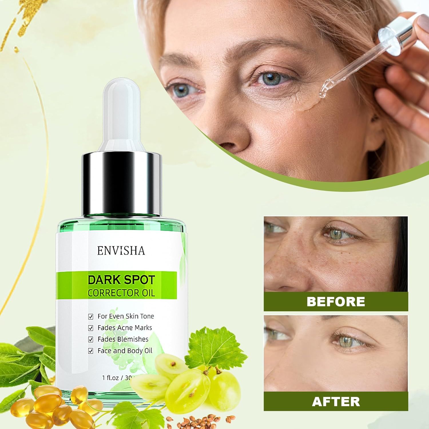 Grüne Glasflasche mit Tropfer. ENVISHA Dark Spot Corrector Oil. Vorher/Nachher-Effekt. Frau mit Tropfer. Trauben, Kapseln.