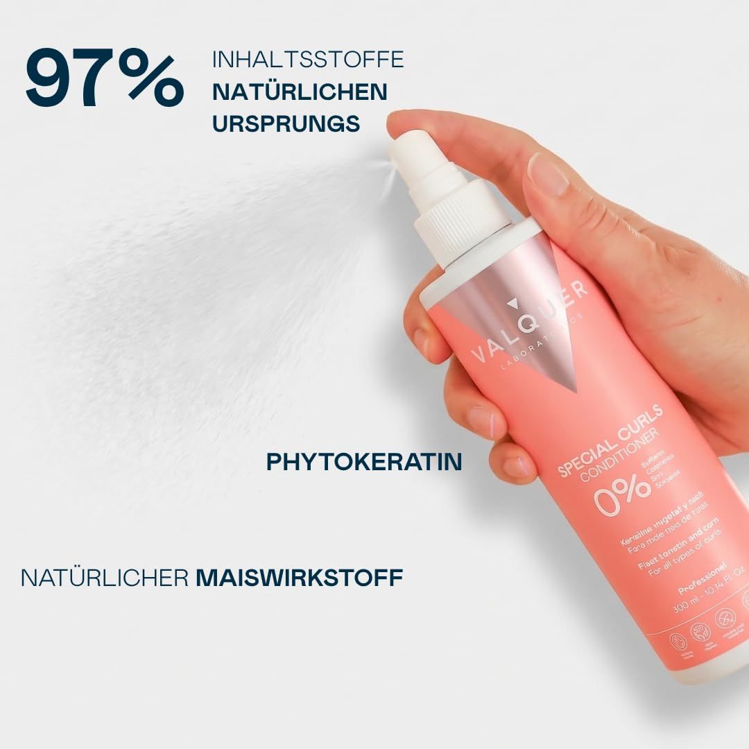 Flasche mit rosa Pumpsprühflasche, beschriftet mit 'VALQUER SPECIAL CURLS CONDITIONER'.