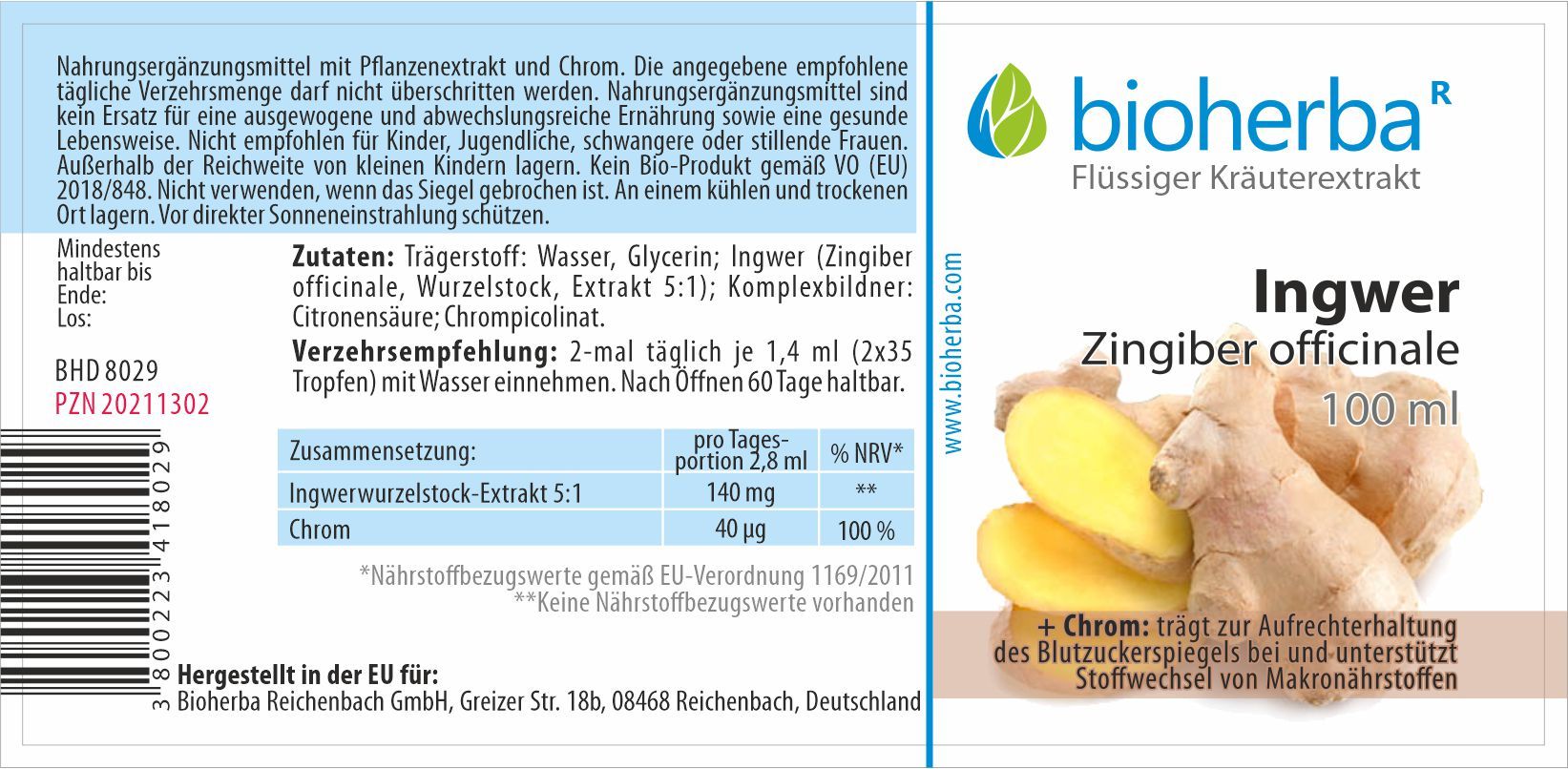 Etikett mit Produktinformationen. Ingwer-Extrakt, 100 ml. Bioherba-Logo. Zutatenliste, Verzehrempfehlung, Nährwertangaben.