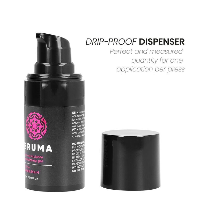 Schwarze Flasche mit rosa Logo und Text. Aufschrift: Bruma, Stimulationsgel, Bubblegum. Mit abgenommenem Deckel.