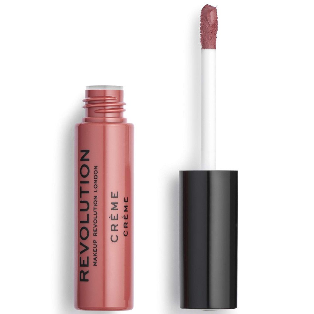 Lippenstift-Tube, geöffnet, mit Applikator. Rosa Creme-Lippenstift. Schwarzer Deckel. Schriftzug: REVOLUTION LONDON CRÈME.