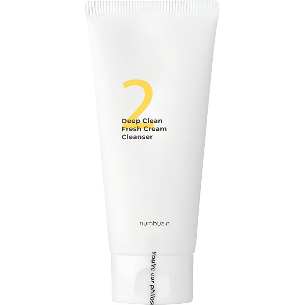 Weiße Tube mit gelber Aufschrift "2 Deep Clean Fresh Cream Cleanser". Marke: numbuzin. Aufschrift: "you're our philos".