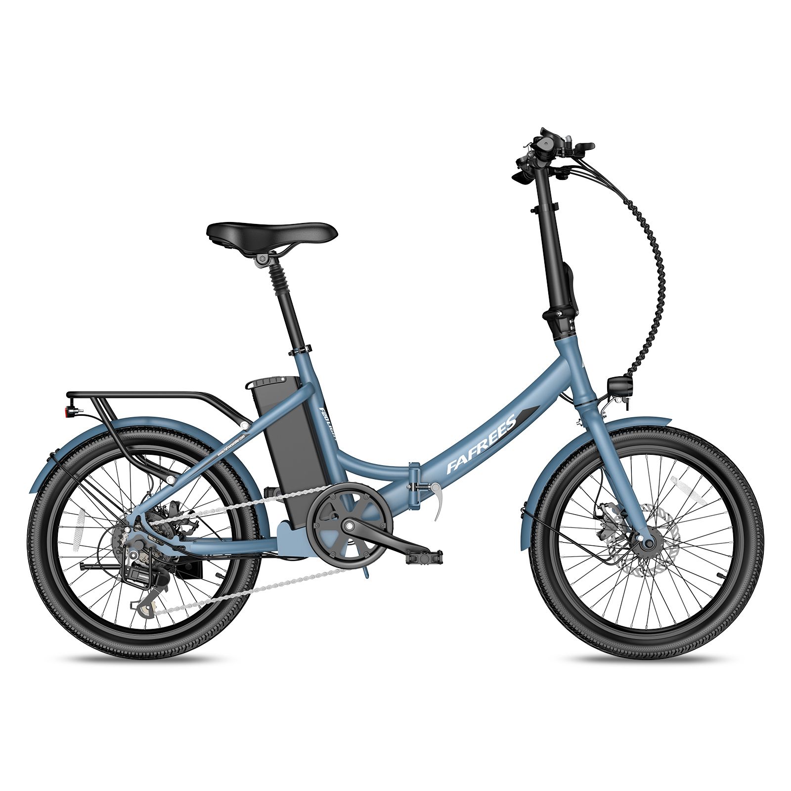 Blaues Falt-E-Bike mit schwarzem Sattel und Gepäckträger. Marke FAFREES am Rahmen sichtbar.