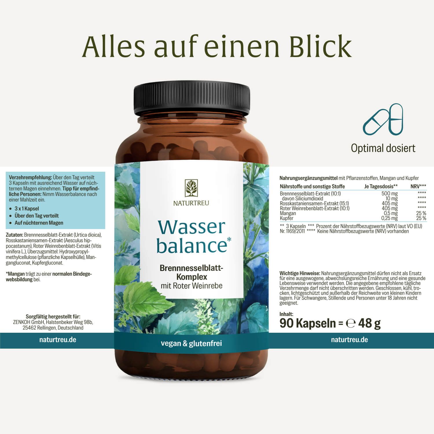 NATURTREU Wasser balance Kapseln: Flasche mit Nährwertangaben und Dosierungshinweisen.