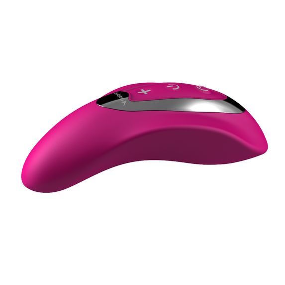 Pinkfarbener Stimulator mit geschwungener Form. Silberne Akzente und drei Knöpfe.