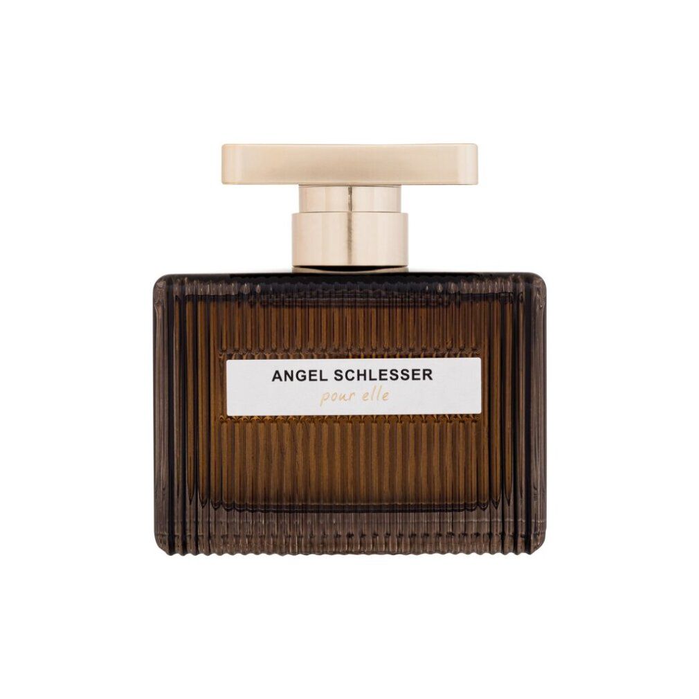 Rechteckiger Parfümflakon mit goldfarbenem Verschluss. Aufschrift: Angel Schlesser pour elle.