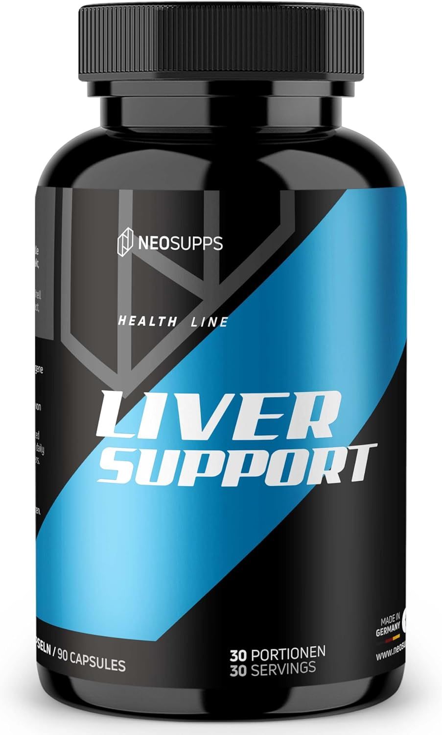Schwarze Flasche "LIVER SUPPORT" mit blauer Beschriftung. Text: "30 Portionen/30 Servings".