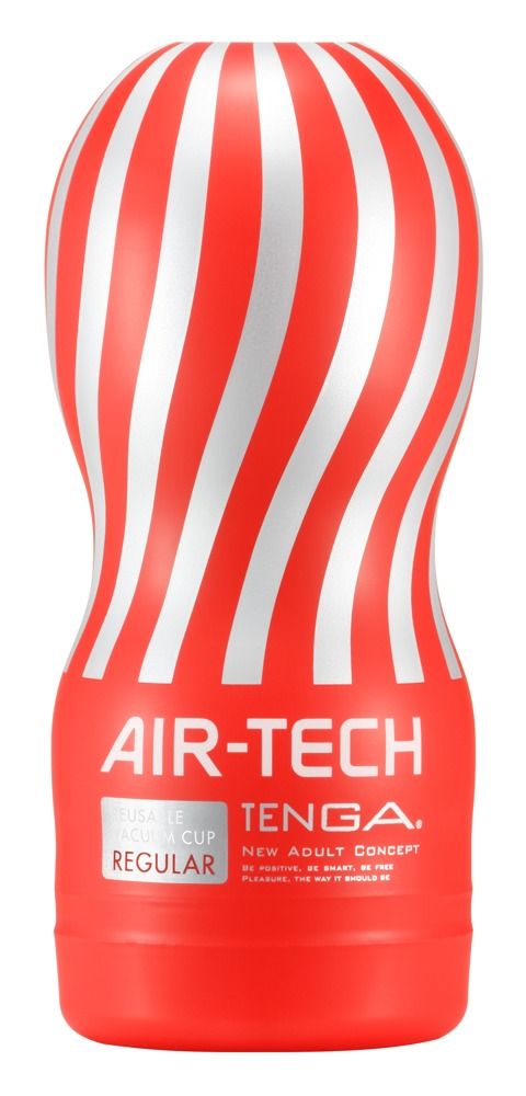 Roter, zylindrischer Gegenstand mit weißen Streifen. Aufschrift: AIR-TECH, TENGA, Regular.