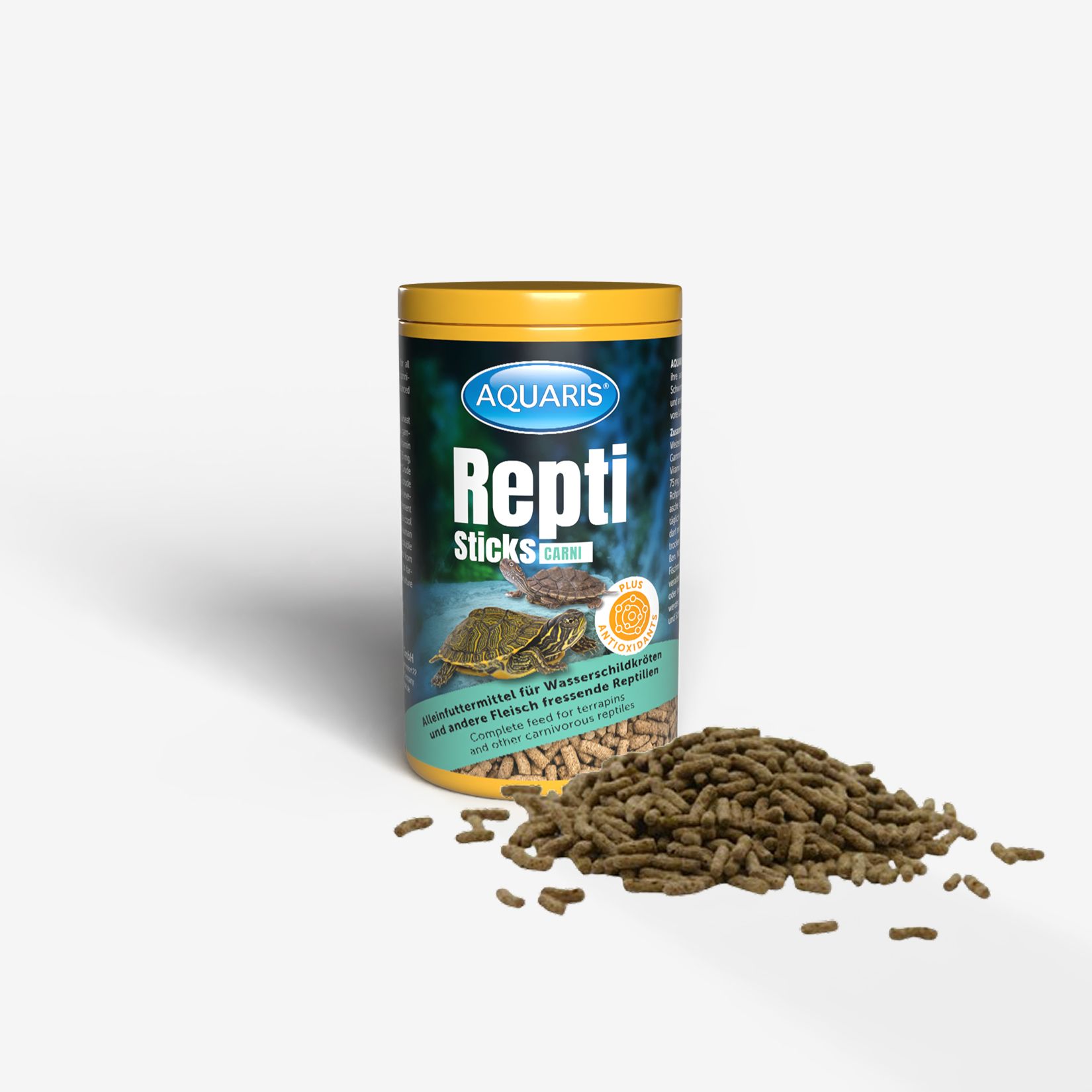 AQUARIS Repti Sticks Dose mit gelbem Deckel. Futtersticks liegen vor der Dose. Text: Repti Sticks, Futter für Wasserschildkröten.