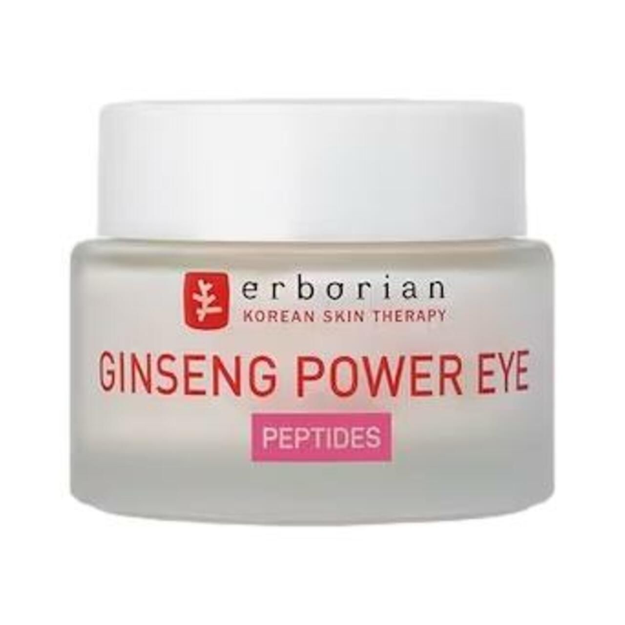Erborian Ginseng Power Eye Umverpackung mit Produktnamen und Peptid-Hinweis.