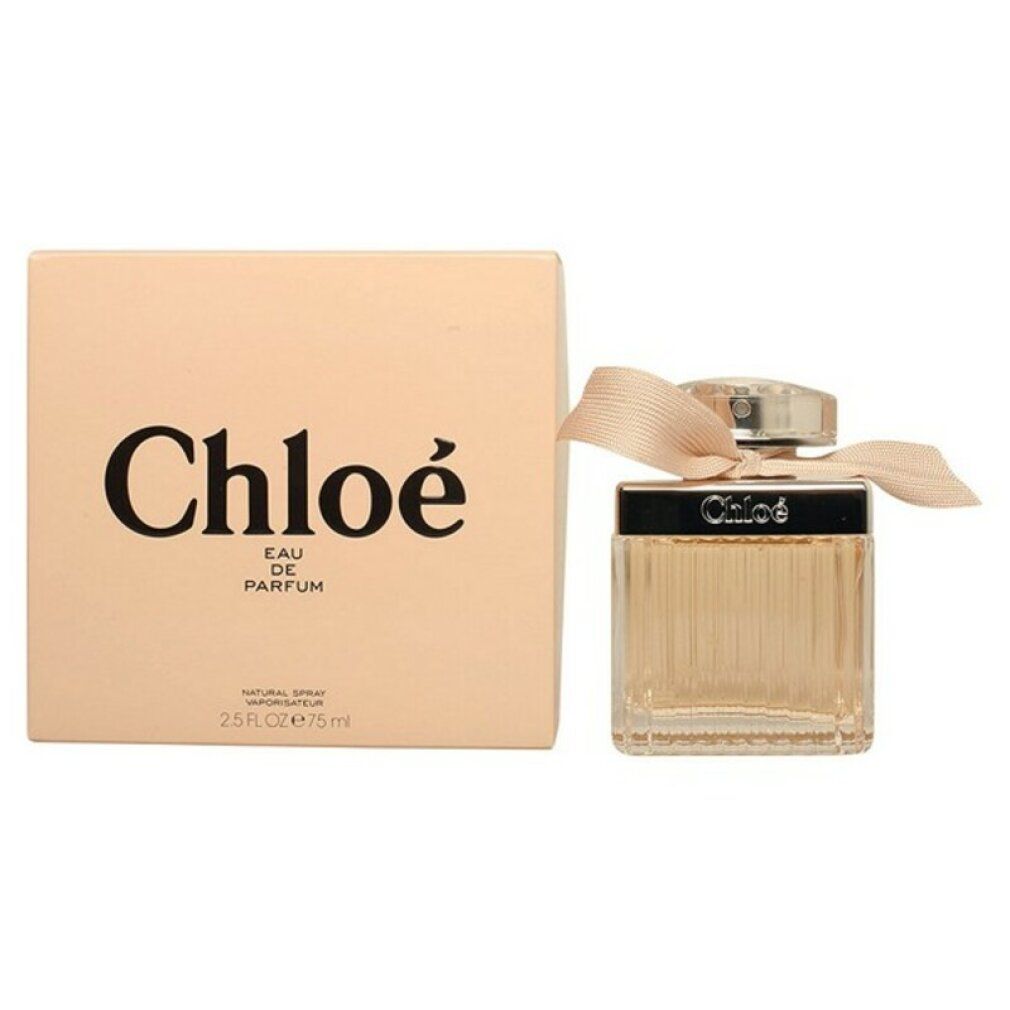 Chloé Eau de Parfum. Rechteckiger Glasflakon mit Schleife. Beige Verpackung mit Logo und Volumenangabe.