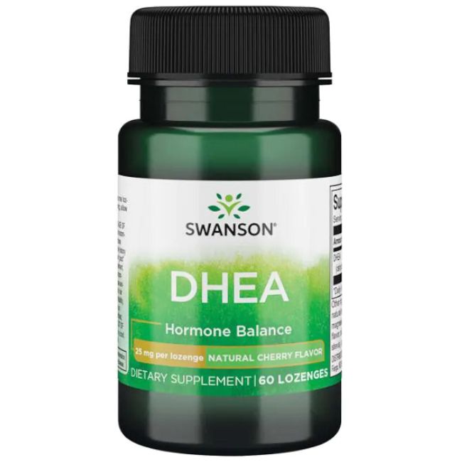 Grüne Flasche mit schwarzem Deckel. Aufschrift: SWANSON DHEA, Hormon Balance, 25 mg pro Lutschtablette, natürlicher Kirschgeschmack, 60 Lutschtabletten.