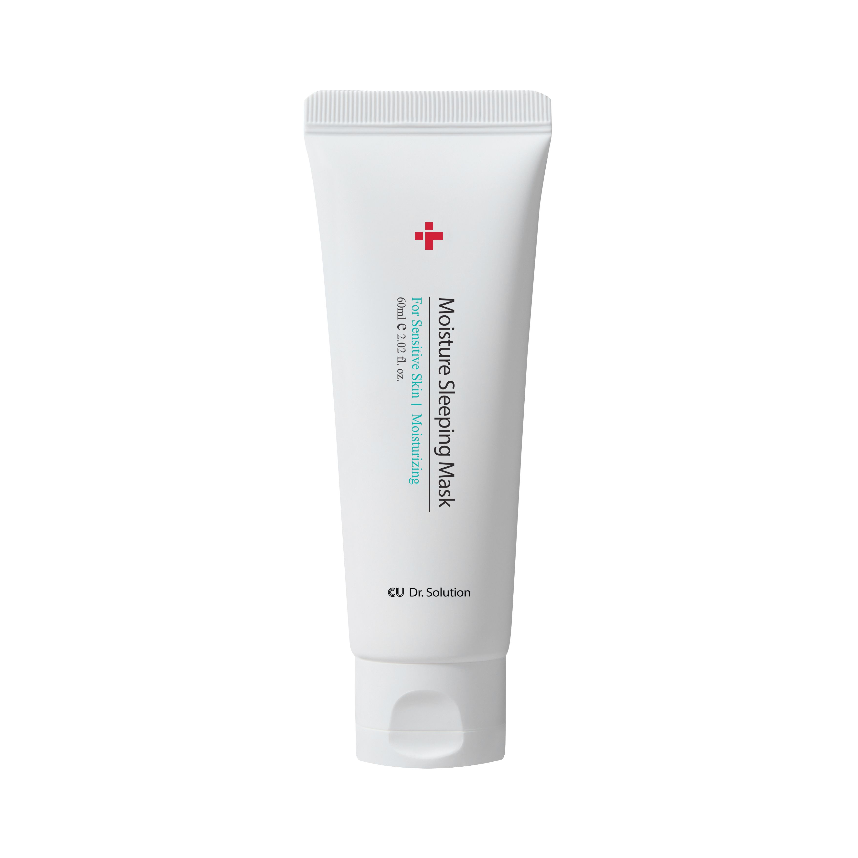 Weiße Tube mit rotem Kreuz und Aufschrift "Moisture Sleeping Mask". Für empfindliche Haut. Von CU Dr. Solution.