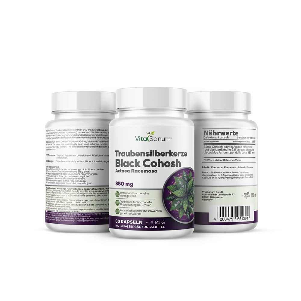 Drei VitaSanum®-Flaschen mit Traubensilberkerze Black Cohosh-Kapseln. 60 Kapseln. 350 mg. Weiße Kunststoffgefäße mit weißen Deckeln.