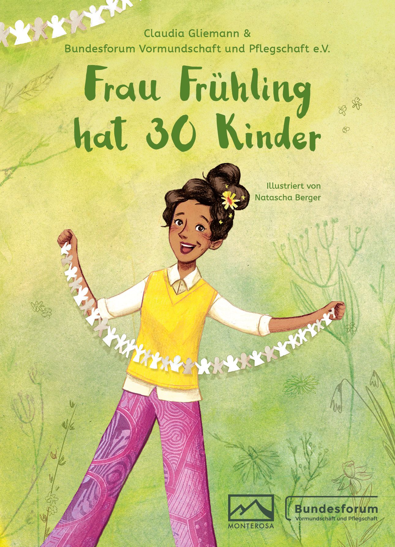 Buchcover: „Frau Frühling hat 30 Kinder“. Illustration einer Frau mit Papierfiguren. Titel, Autorennamen und Logo des Bundesforums.