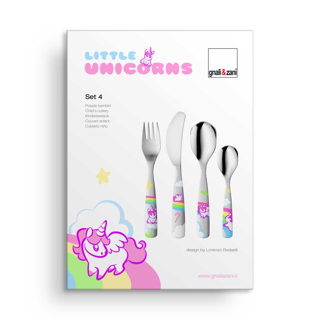 Kinderbesteck-Set mit Einhorn-Motiv. Enthält Gabel, Messer, Löffel und Teelöffel. Verpackt in einer weißen Box mit Logo und Produktnamen.