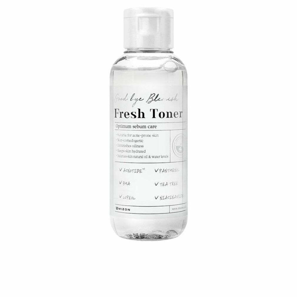 Klare Flasche mit weißem Deckel. Aufschrift: Fresh Toner. Enthält Inhaltsstoffe wie Acnotide, BHA, Tea Tree.