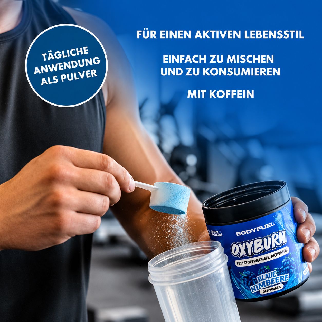 Mann mischt blaues Pulver aus einem Behälter "Oxyburn" in einen Shaker.
