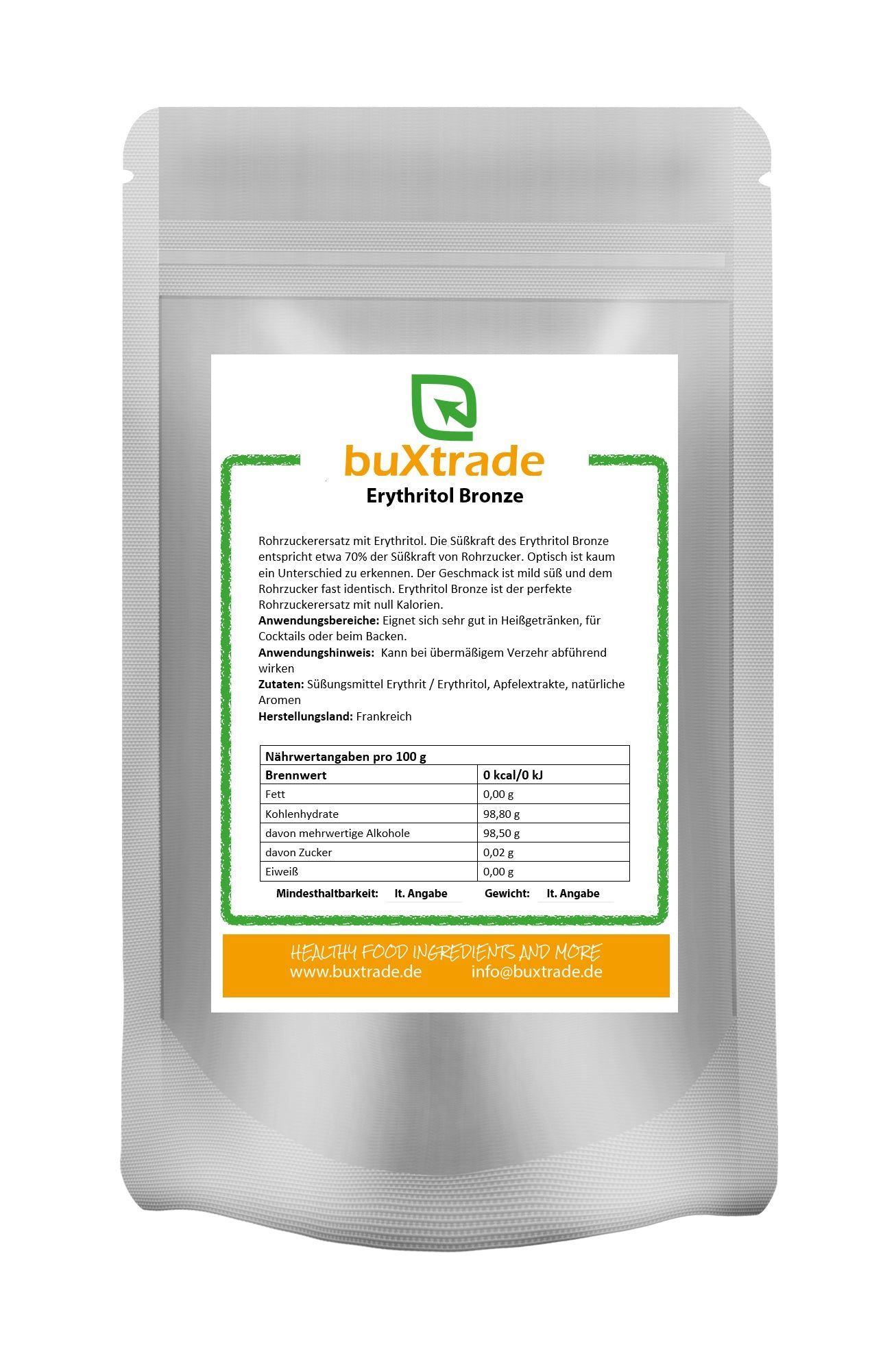 Beutel mit Erythritol Bronze. Text: buXtrade, Erythritol Bronze, Nährwertangaben. Grüner Rahmen.