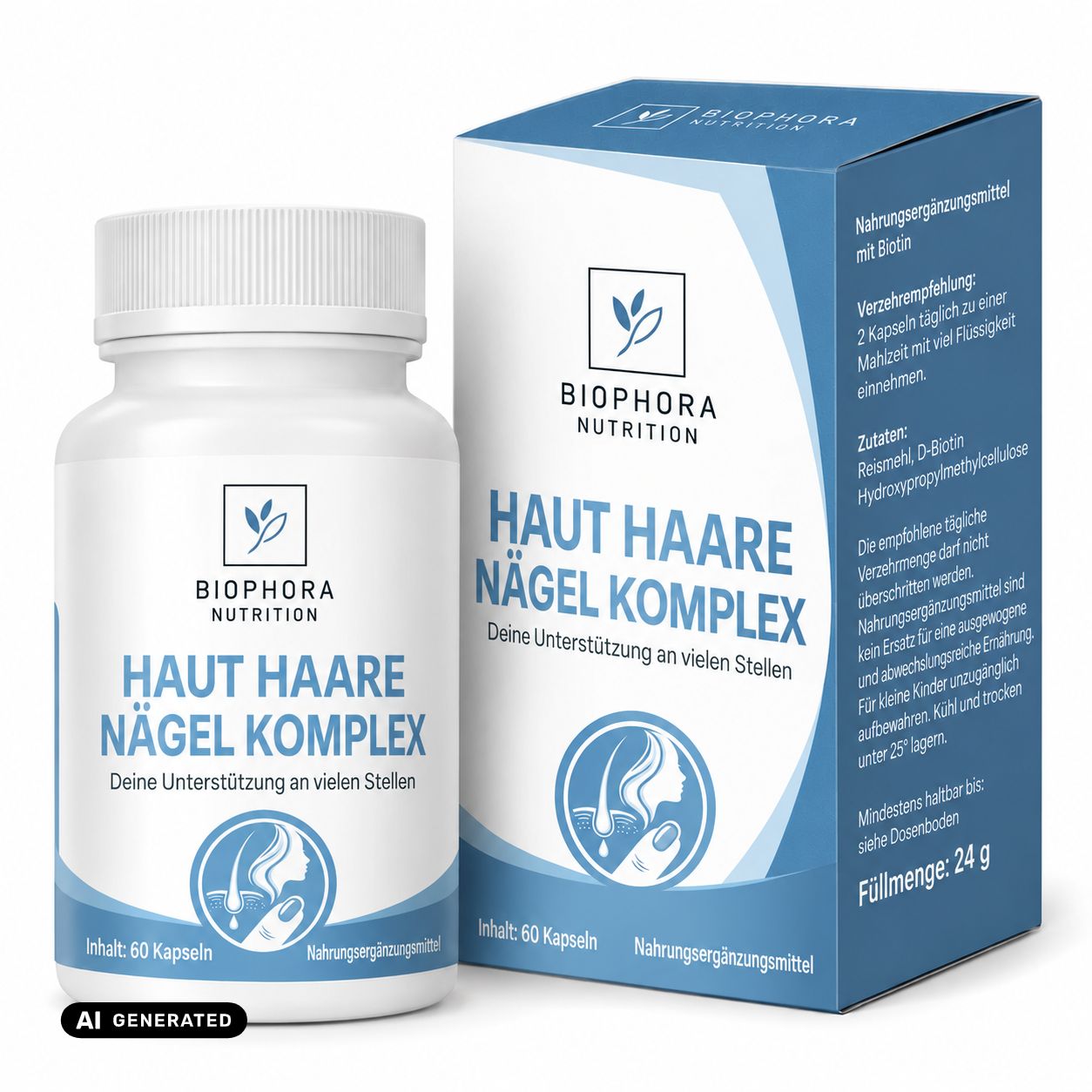 Flasche mit Kapseln für Haut, Haare und Nägel, daneben Schale mit Kapseln, Kräuter und Zitrone.