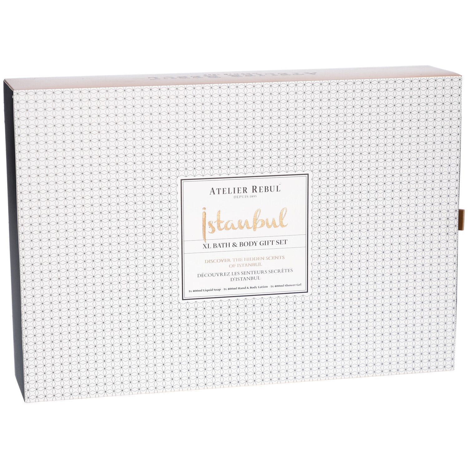 Geschenkbox mit weißem Muster und goldfarbenem Schriftzug. Aufschrift: Atelier Rebul Istanbul XL Bath & Body Gift Set.