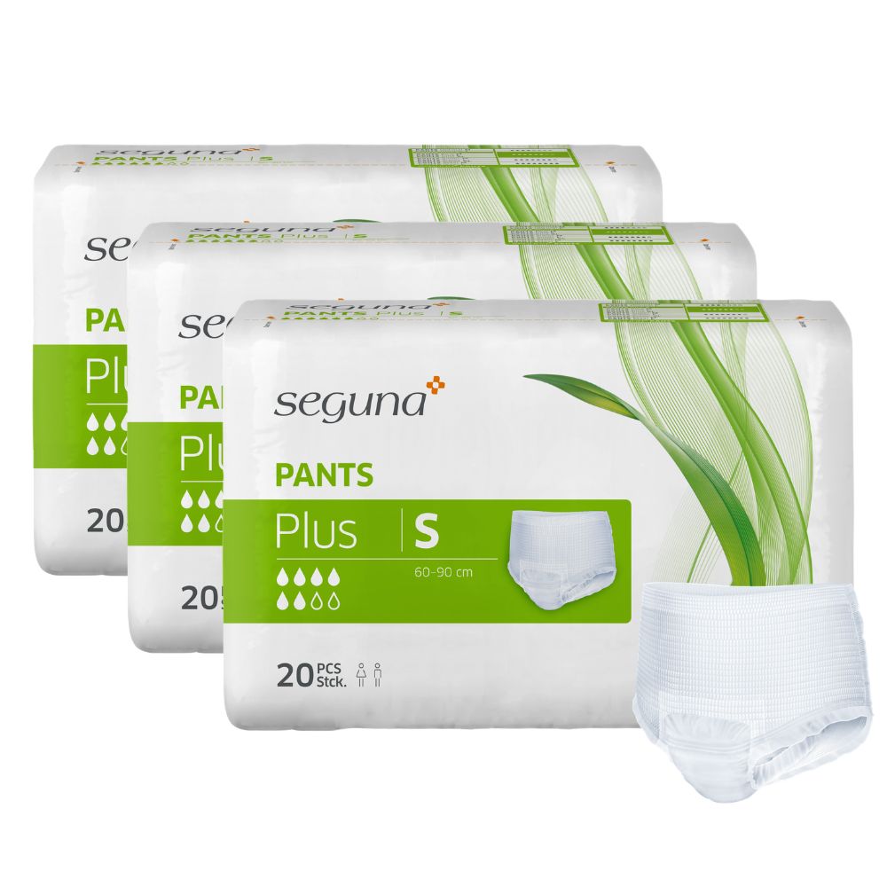 Drei Packungen SEGUNA Pants Plus S. Daneben ein einzelnes Produkt. Verpackungsansicht.