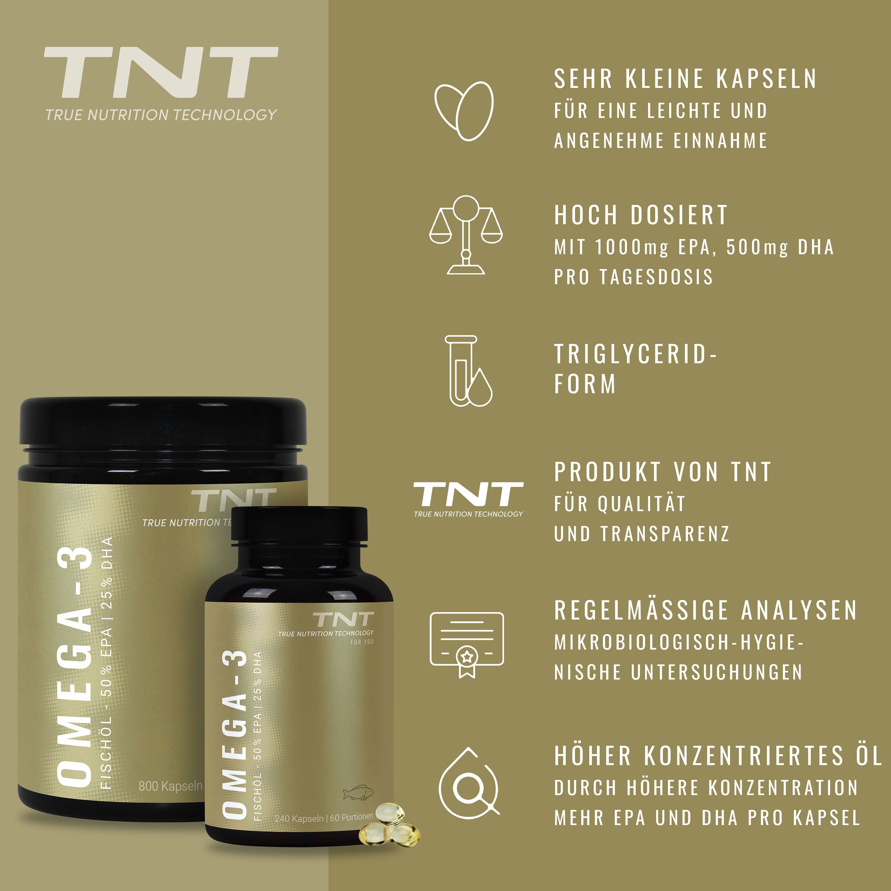 Zwei Flaschen Omega-3 Kapseln, verschiedene Größen. Icons und Text beschreiben Vorteile.