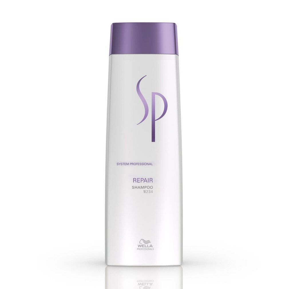 Weiße Flasche mit lila Verschluss, SP System Professional Repair Shampoo.